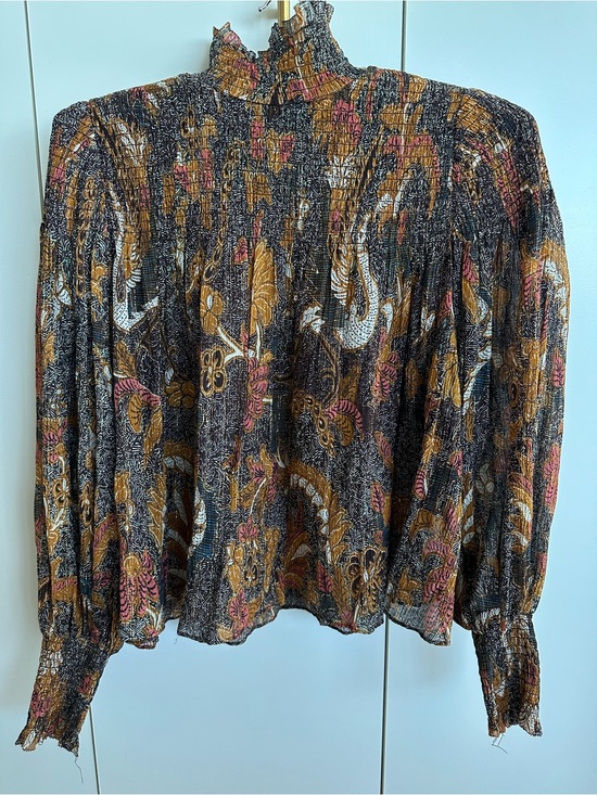 Ulla Johnson Tops - Ulla Johnson Smocked Metallic Floral Blouse Silk Blend Brown Gold Size XS/S